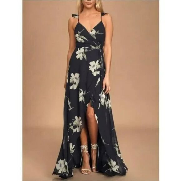 LULUS All Mine Navy Blue Floral Print High-Low Maxi Wrap Dress 65229 - Picture 8 of 13